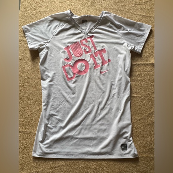 Nike Pro Women's White Tee with Pink 'Just Do It' - Picture 1 of 4